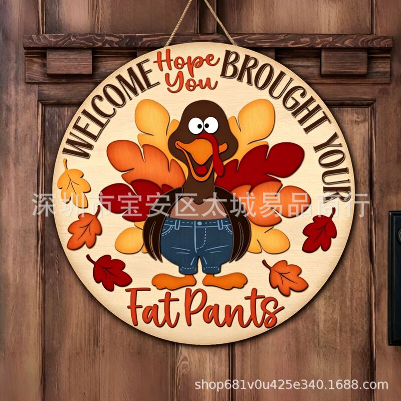 New Thanksgiving Door Hanging Decoration with Turkey, Welcome Sign, Harvest Season Wooden Front Door Decoration Plaque