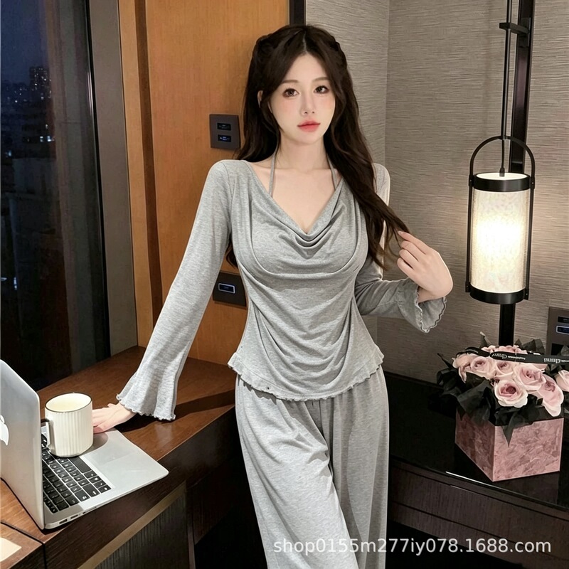 2026 New Style Women's Pajamas with Stylish Tie, Chest Pads, Slimming Effect, Elegant and High-End Feel, Slightly Flared Long Pants, Home Wear