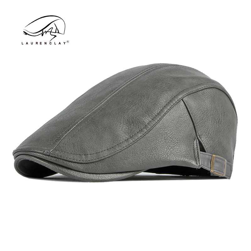 Unisex pu leather beret male retro thick warm with shaped bright skin duck tongue forward hat female_voghion.com