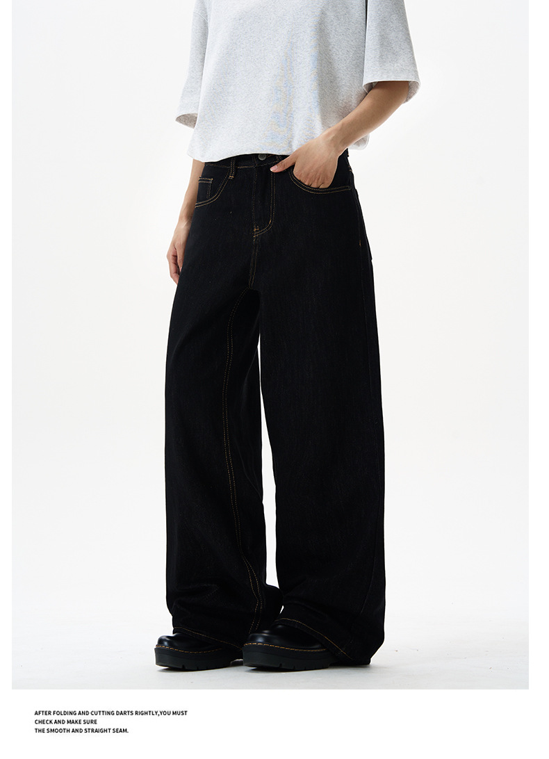 Men's American Vintage Straight Leg Jeans Classic Deep Blue And Black Denim Pants for Relaxed Fit_viptrois.com