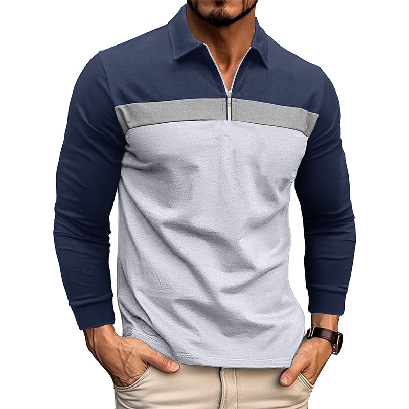 Nueva camisa de polo de costura de solapa Comercio exterior Camiseta de manga larga para hombre 2023 Otoño e Invierno