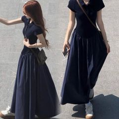 法式休闲慵懒拼接连衣裙女夏季气质短袖polo领长裙子松弛感大摆裙