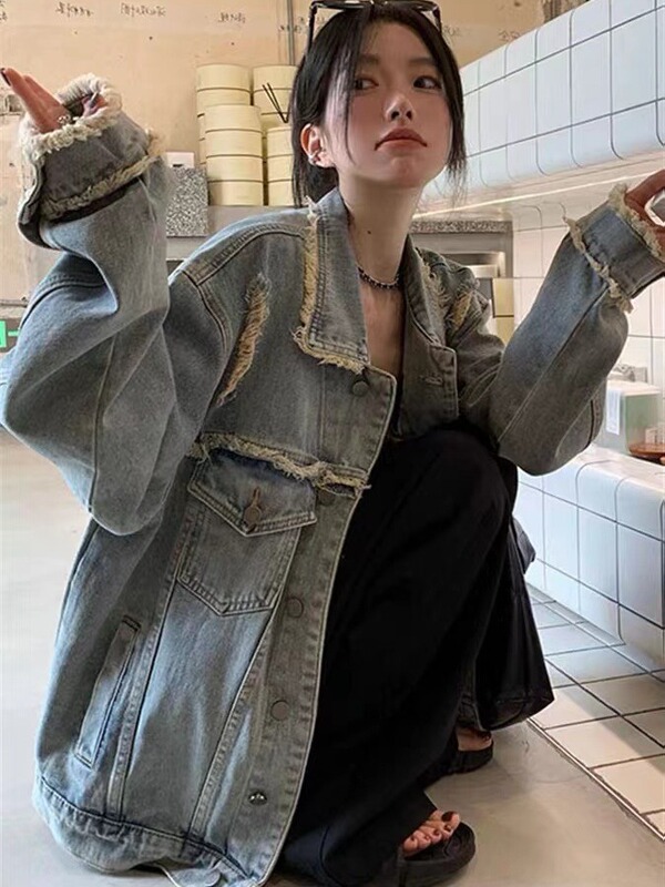 Vintage Rave Old Ripped Denim Coat Women's Spring and Autumn Loose Casual All-match Work Jacket Top Trendy Ins