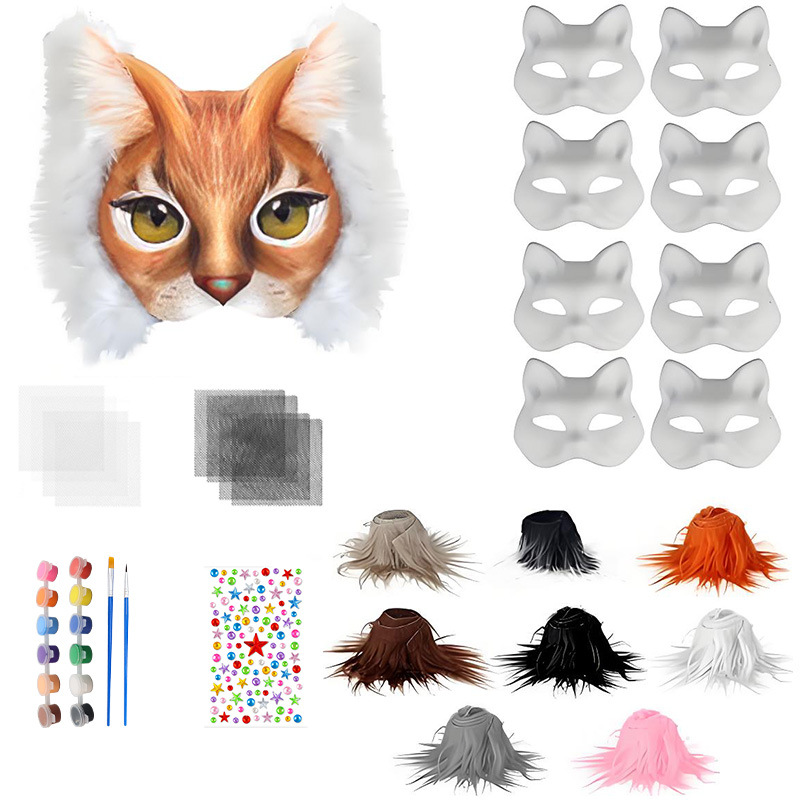 Amazon animal media cara máscara DIY con pelusa pintada a mano cara de gato de pulpa máscara de zorro máscara de fiesta máscara de vestir