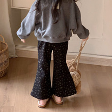 女童喇叭裤秋冬新款韩版碎花加绒微喇裤儿童复古弹力针织裤子小众