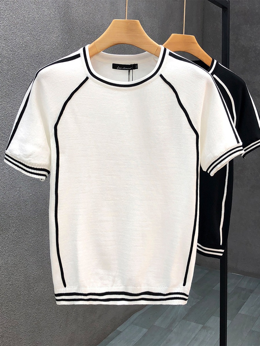 Advanced Style Ribbon Line Color Matching Short-sleeved Sweater Men's Summer Trendy Brand Inner Knitted Shirt Men's Thin Base Shirt