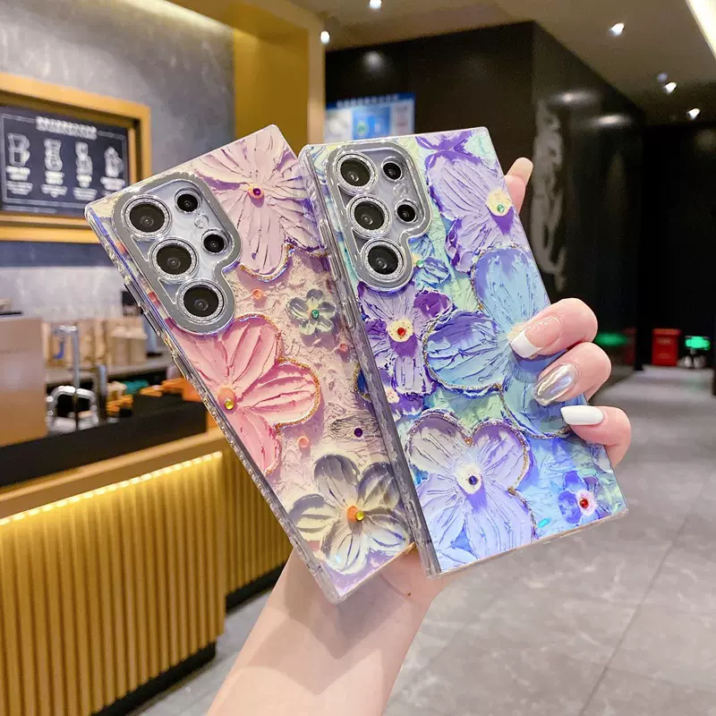 适用三星S25ultra油画海棠花手机壳S24plus防摔s23带镜头膜保护套