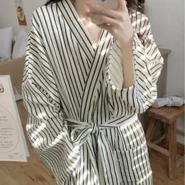 跨境专供外贸女士秋季新款条纹双层棉纱睡衣简约宽松家居服浴袍女
