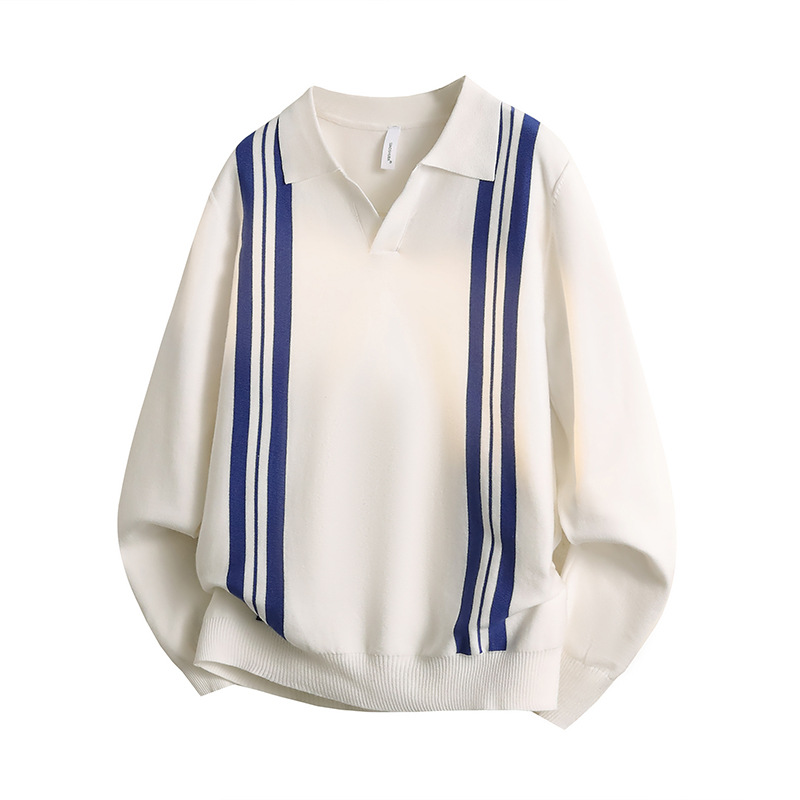 Otoño y invierno ligero maduro moda hombre con solapa suéter delgado tendencia de estilo británico rayas de color contrastante camisa polo de punto casual