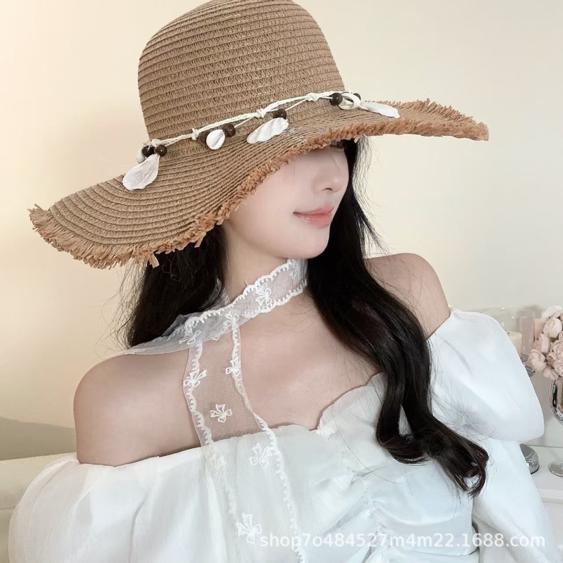 ひげ貝殻麦わら帽子女性の夏の日焼け止め大きなつばの帽子抗 UV 日よけ帽子屋外旅行日よけ帽子ビーチ帽子|undefined