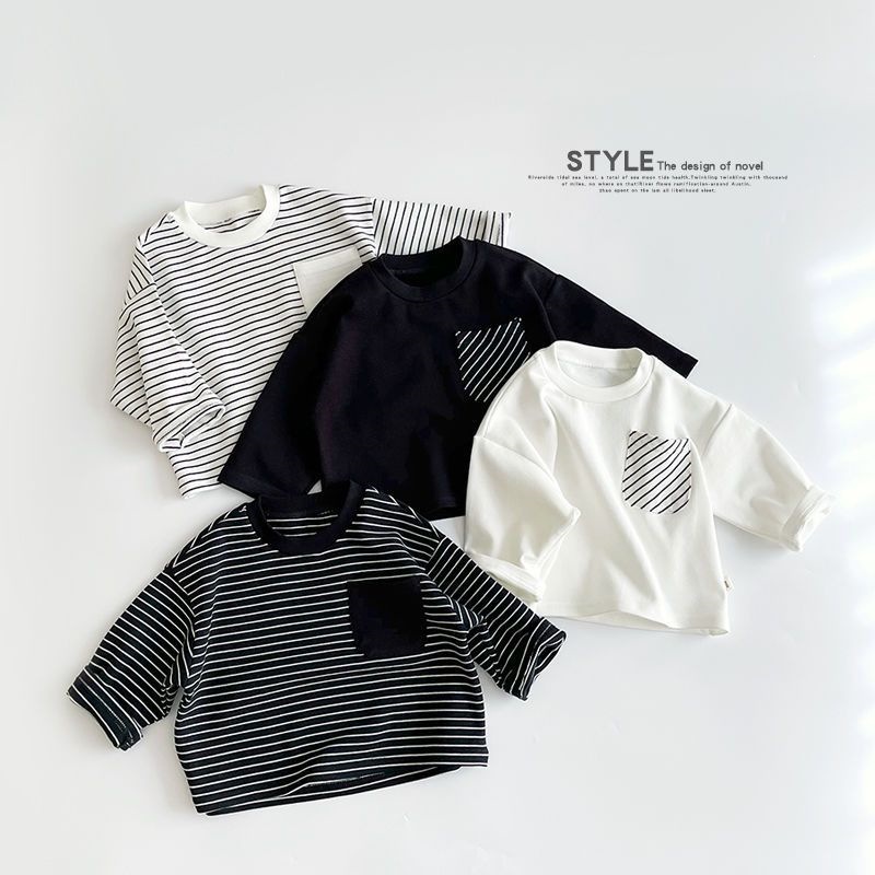 Striped base layer shirt for boys and girls, new style for spring and autumn, long-sleeved T-shirt, thin and stylish, warm top for babies and boys.