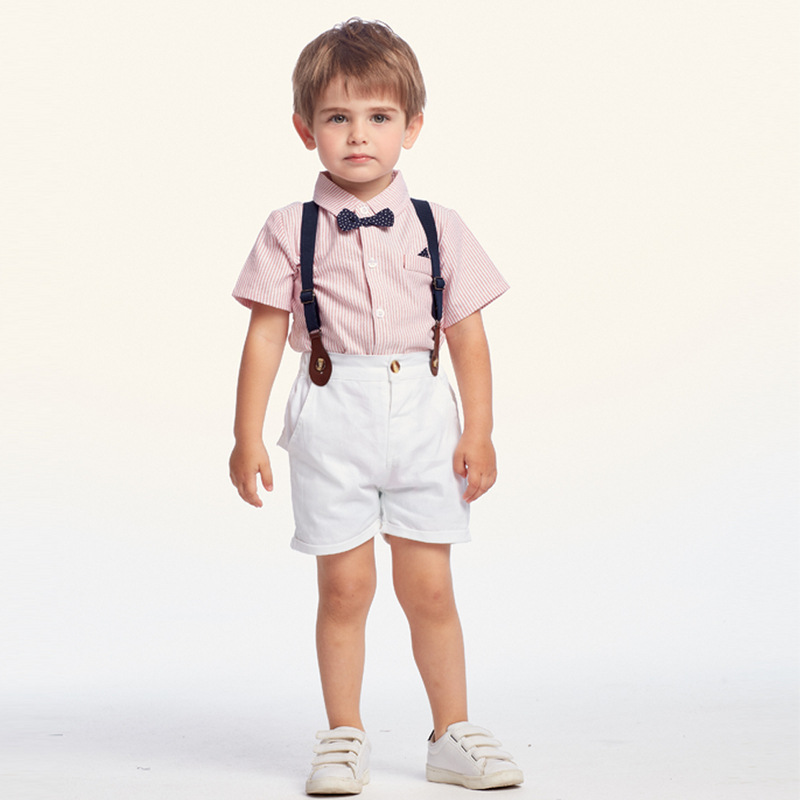 Boy Suit Children's Striped Single-breasted Shirt Suspender Shorts Two-piece display picture 2