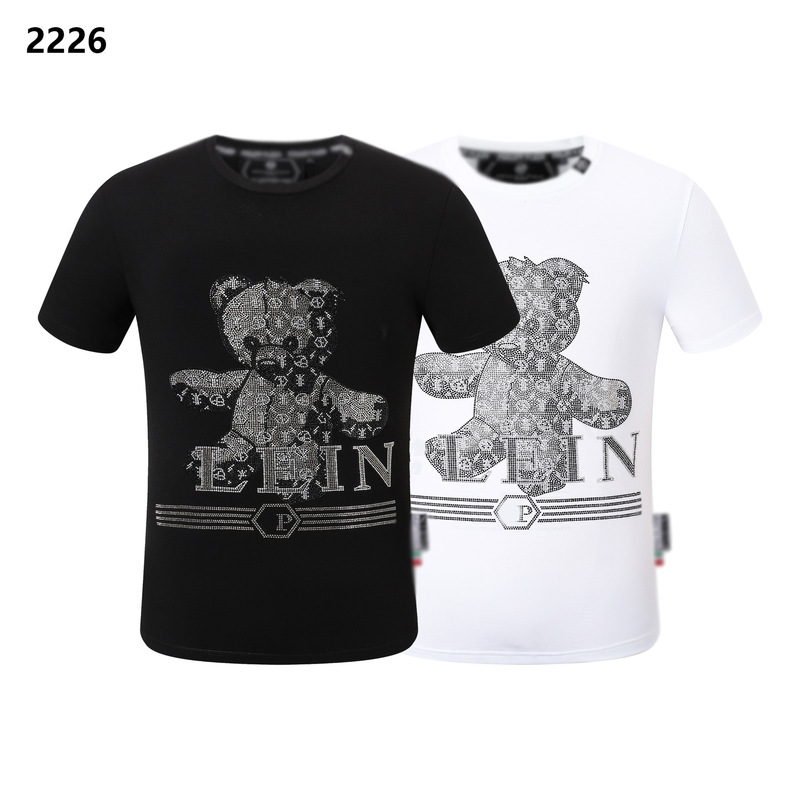 Summer New Plein Men's Short-Sleeve T-Shirt, Pure Cotton, Breathable, Comfortable, High-Quality, with Bear Rhinestones