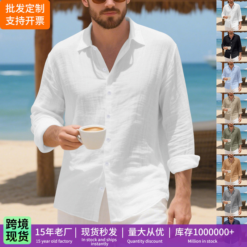 Men's Long-Sleeved Shirt, Men's Autumn Linen Lapel Loose Solid Color Non-Iron Casual Shirt, Men's Jacket