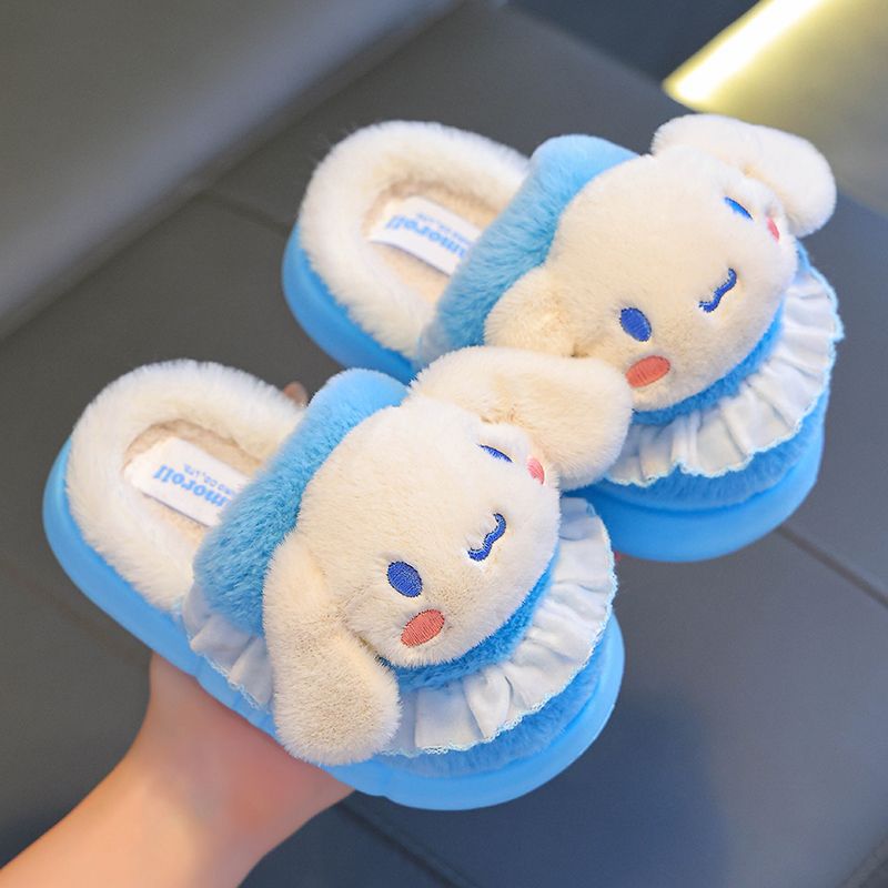 Sanrio auténtico invierno zapatillas de algodón para niños, niñas cálidas bolsas de terciopelo con tacos de goma, zapatillas de algodón para bebés