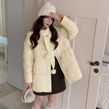 高蓬松白鸭绒中长款羽绒服女2025冬季韩系甜美围巾毛球帽面包服潮