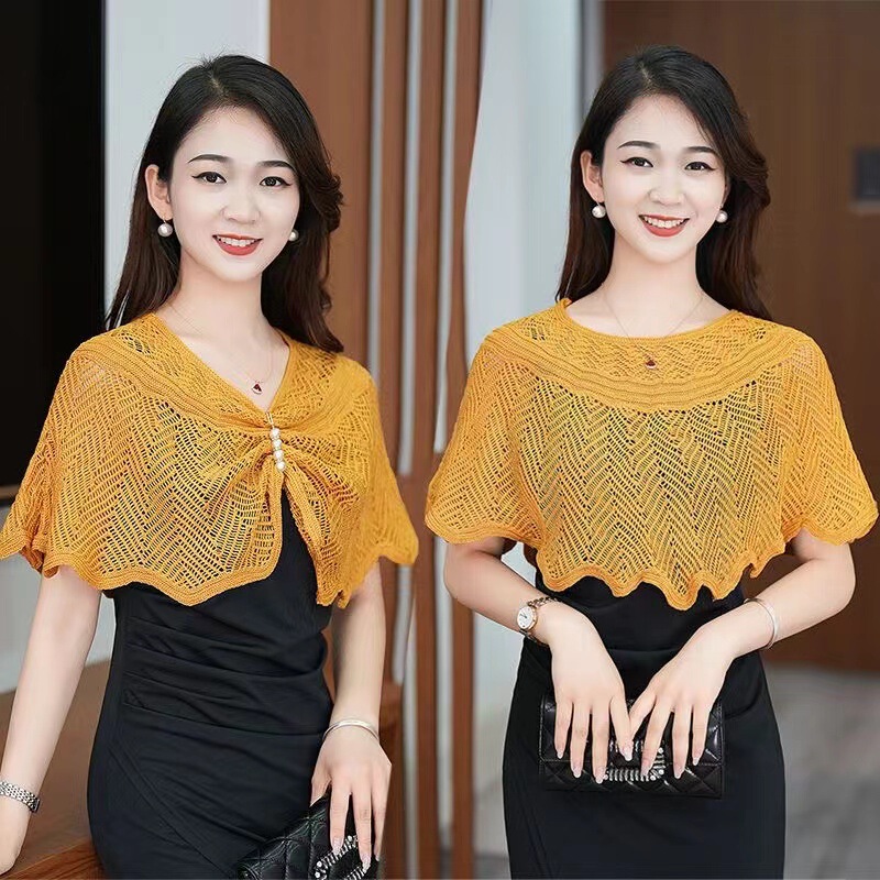 [Dachang] High-grade knitted blouse short summer hollow knitted shawl mercerized cotton skin-friendly soft air conditioning shirt