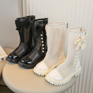 Girls Net Boots 2024 Summer New Style Long Boots Fashion Princess Middle and Big Kids Performance Mesh Breathable Martin Boots