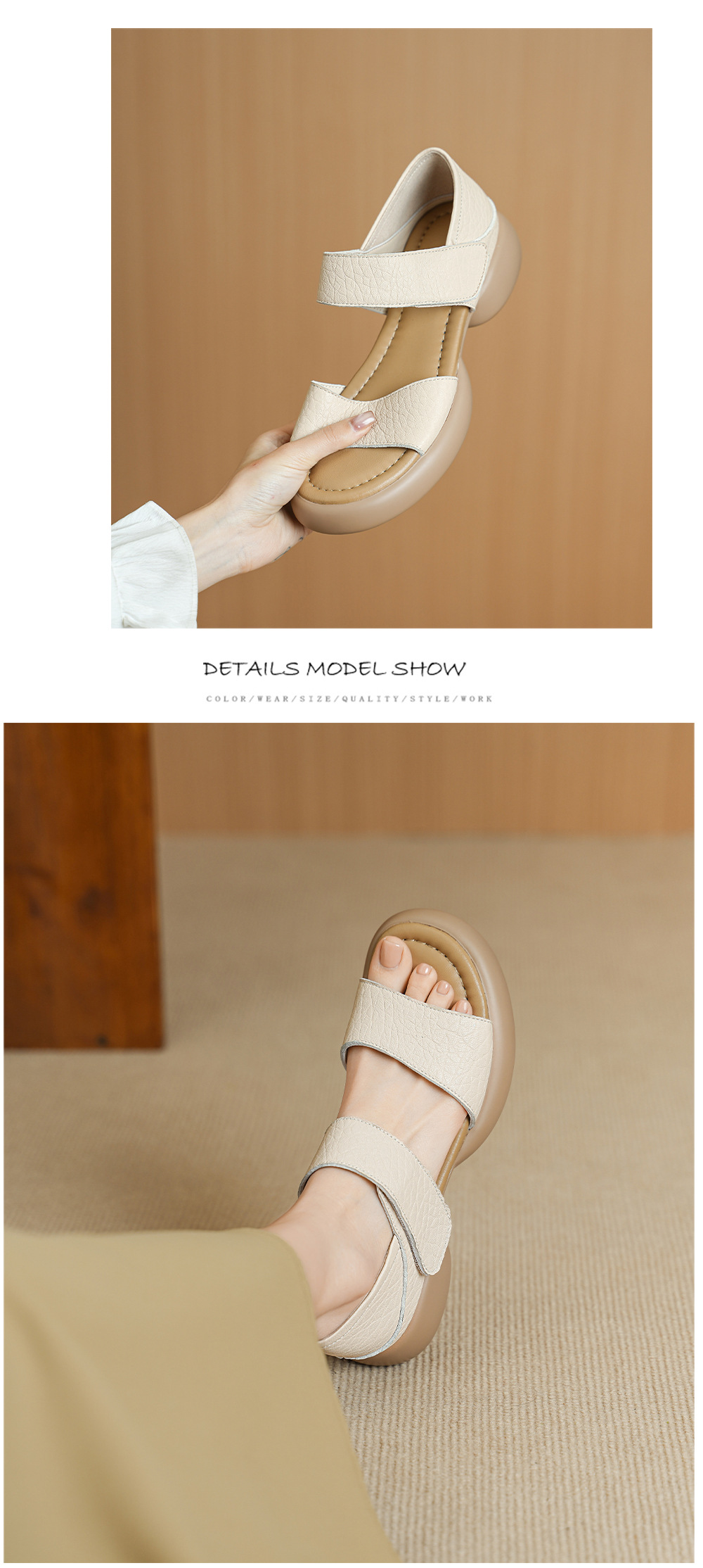 Sandal nữ hở mũi gót vuông 4 cm quai ngang đế dày chất liệu da dê — đen chi tiết 9