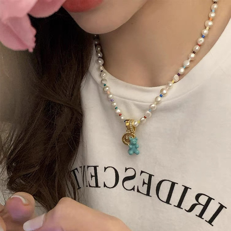 Fashion Bear Smiley Face Pearl Inlay Artificial Diamond Pendant Necklace 1 Piece