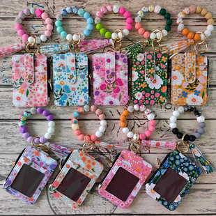 Cross-Border New Style Folded Floral Silicone Bracelet Coin Purse Simple Printed Leather Zipper Id Card Holder Keychain