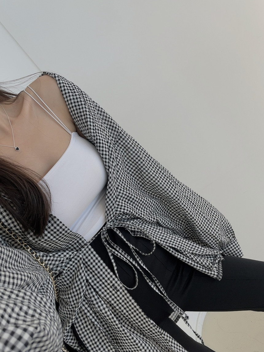 Jarný a jesenný 2024 Nový kórejský elegantný dizajn, kockovaný remienok v páse, voľný opaľovací kardigan pre ženy_voghion.com