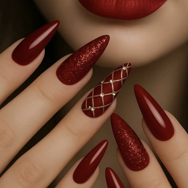 Wearable New Year Red Almond Wine Red Glitter Lines with Rhinestones Removable Nail Art Fake Nail Stickers Wearable New Year Red Almond Wine Red Glitter Lines with Rhinestones Removable Nail Art Fake Nail Stickers