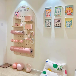 健身实木洞洞板墙上设备器材收纳置物架墙面家用瑜伽运动展示架