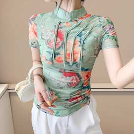 2025年设计感感国潮盘扣立领短袖印花T恤女打底衫欧货上衣潮