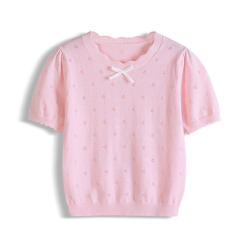 Transfronterizos de clase A niños cuello redondo hueco arco de verano delgado camiseta de manga corta niñas transpirables camisas de punto al por mayor