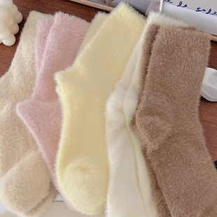 Solid Color Mink Velvet Socks Women's Mid-tube Socks Autumn and Winter fleece-lined Thickened Warm Postpartum Hairy Sleeping Stockings