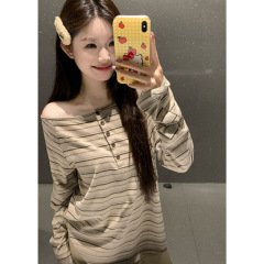 色织撞色条纹一字肩长袖T恤女早秋季设计感辣妹露肩上衣外贸批发