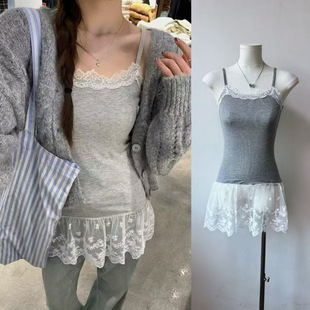 Wu 77 Sweet Stitching Lace Sling Women's Korean-style Slim-fit Slimming Commuter All-match Round Neck Base Top Spring