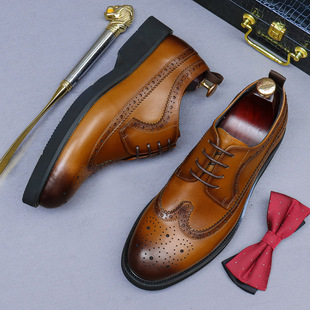 Leather Shoes Men's Shoes Cowhide Genuine Leather Men's Business Shoes Clothing Shoes Black Casual Height Increasing Korean Style Round Toe Brock