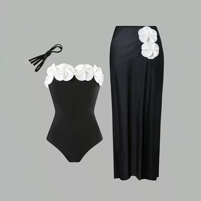 亚马逊2025新款跨境欧美带花泳衣女高级感沙滩裙比基尼两件套泳装