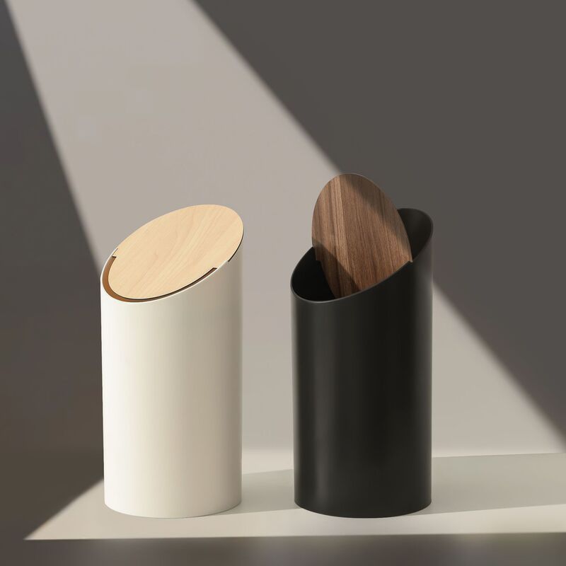 Wooden Cover Trash Bin Household Kitchen Bathroom Trash Bin Automatic Rebound Flip Cover Storage Barrel Office Waste Paper Bin