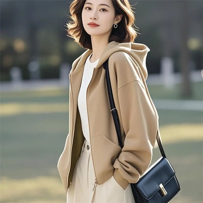 今年人気の美しい年齢を軽減するグリーンのフード付きスウェットシャツジャケット女性用2025新しい春韓国シックなトップ|undefined