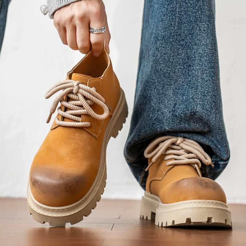 2026 Retro Thick-Soled Men's Shoes with Raised Toe and Yellow Boots, Mid-Top Martin Boots, Trendy One-Piece Dropshipping Yb-Lp-031