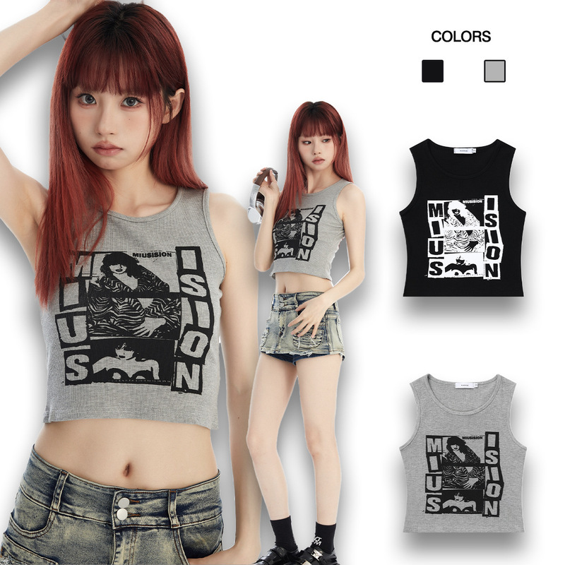 UNBDNS American Style Retro Sleeveless Vest Women's Summer Punk Figure Print Stretch Round Neck Spice Girl Slim Top