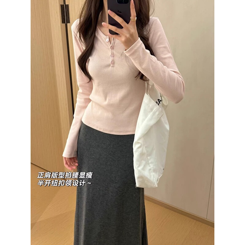 Korean-Style Early Spring Versatile V-Neck Slim-Fit Ribbed Long-Sleeve Women's T-Shirt, Slimming Base Layer Henley Top
