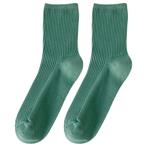 New Japanese double-needle pile socks ins trendy green spring and autumn mid-length Korean socks solid color women's white socks