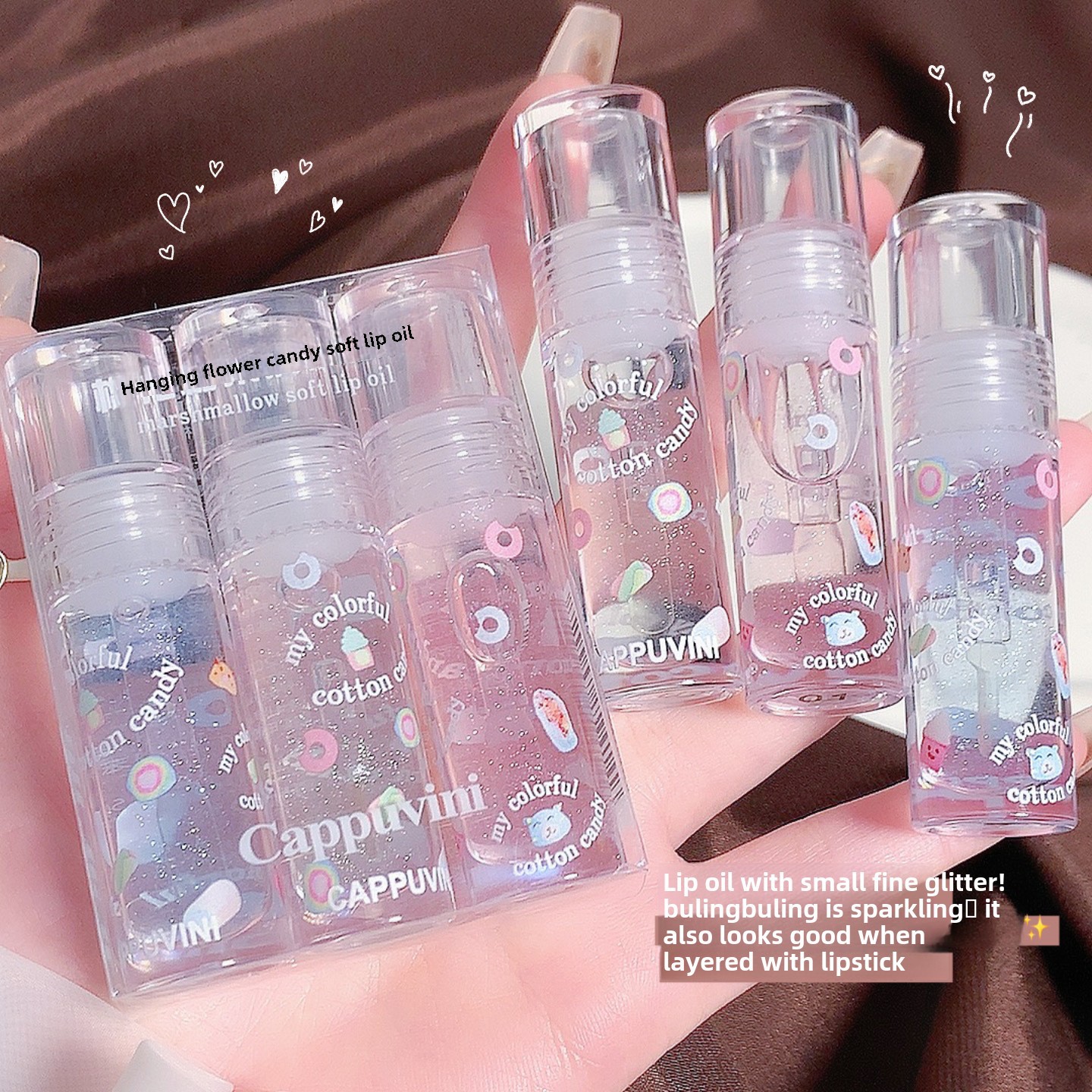 Makeup Card Bubble Marshmallow Lip Oil Moisturizing and Hydrating Anti-Cracking Glossy Transparent Lip Gloss