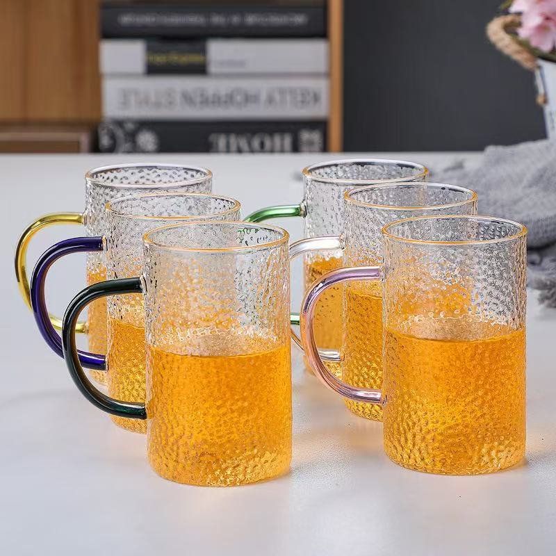 Taza de vidrio resistente al calor de alto silicio, mango de color, taza de desayuno, taza de café, taza de jugo, taza recta simple