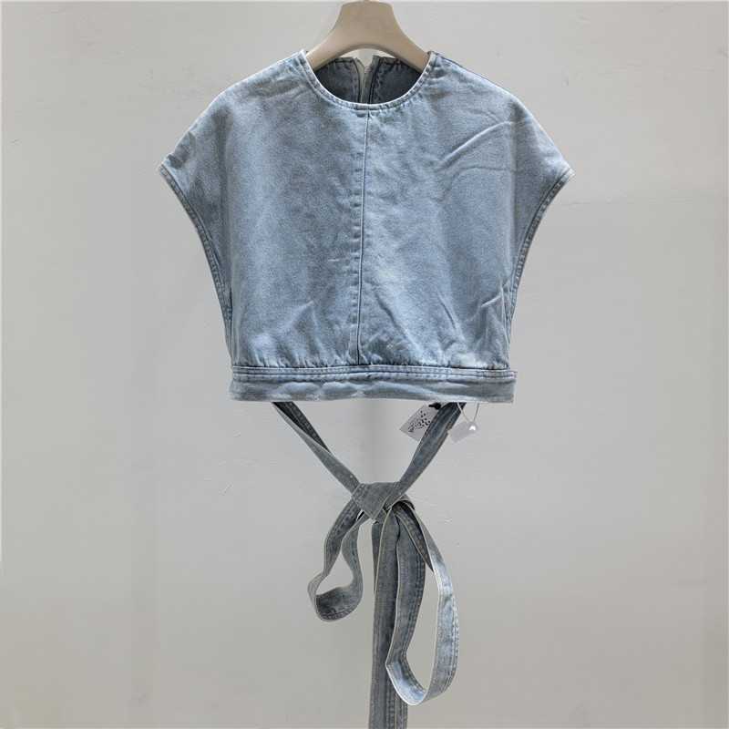 Casual jeans camiseta de mangas cortas mujeres verano 2026 cuello redondo suelto correa envoltura blusa