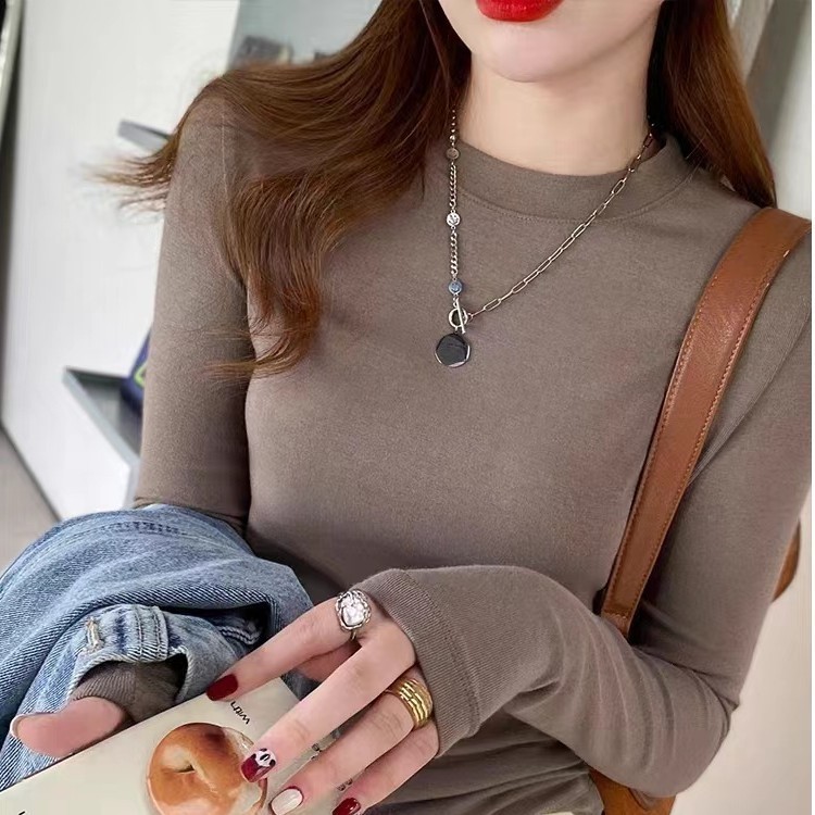 小立领打底衫女春秋时尚百搭显瘦舒适半高领T桖长袖修身T恤A6728|undefined