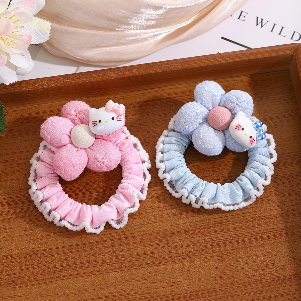 Anillo de cabello de flores de conejo para niñas, anillo de cabello de intestino pequeño de encaje para bebés, cabello elástico de cabello de cola de caballo alta