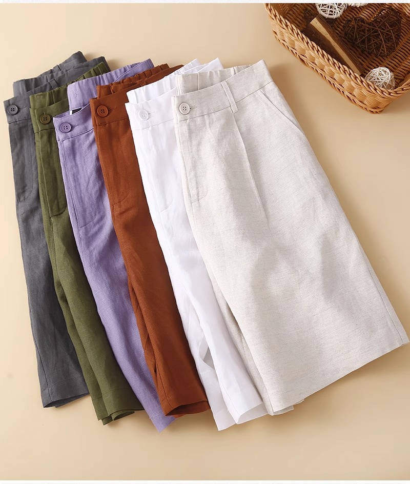 Quần short nữ ống rộng vải lanh cotton phong cách mới — Màu cam chi tiết 1