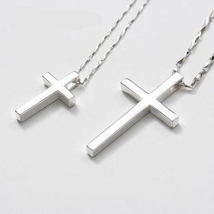 Sterling Silver Cross Necklace Men's Trendy Brand Boy Pendant Simple Glossy Lettering Girl's Clavicle Chain Couple Gift