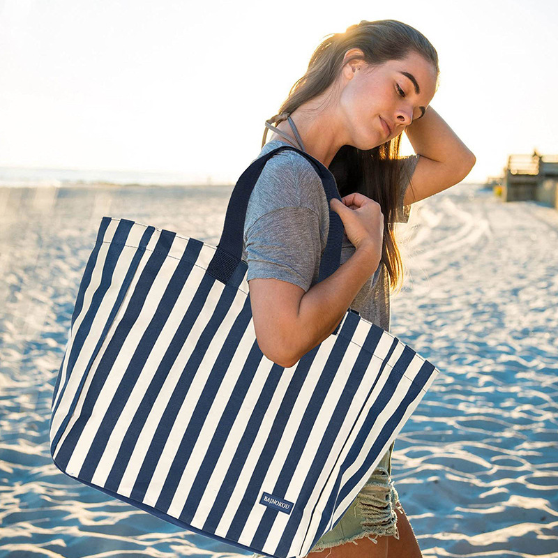 跨境条纹沙滩包户外简约大容量手提收纳袋女士单肩包