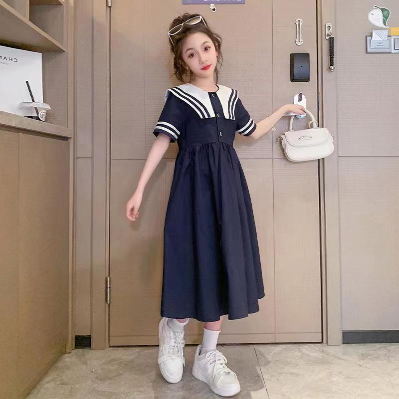 Cross-border girls' skirt Summer 2024 New style girls' Western style long skirt college style collar over the knee Primary School students dress